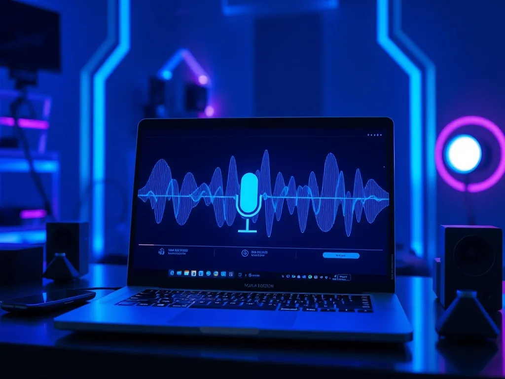 A futuristic workspace with a laptop showing wave forms of v