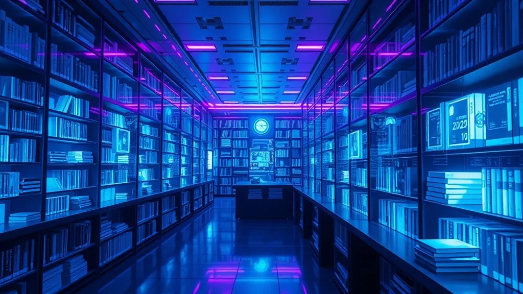 A futuristic digital library environment with glowing books