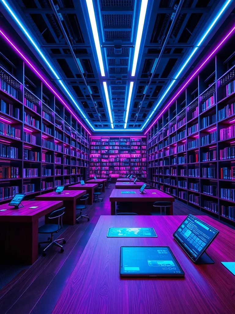 A modern library interior with neon blue and purple lights,