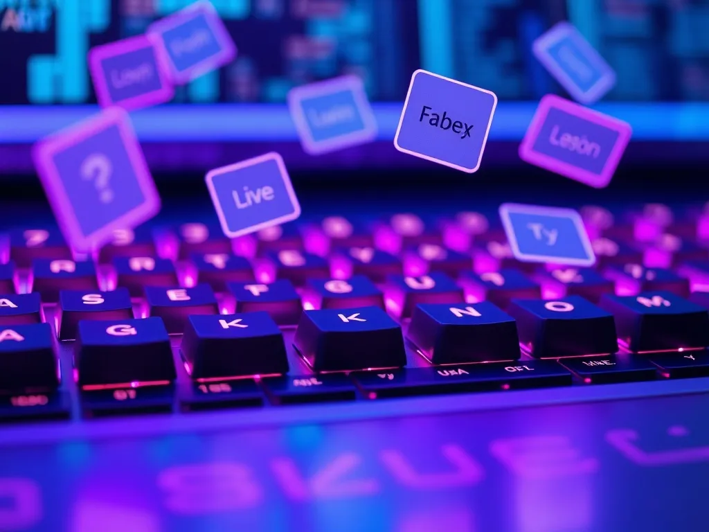 Macro shot of a high-tech keyboard with glowing letters, flo