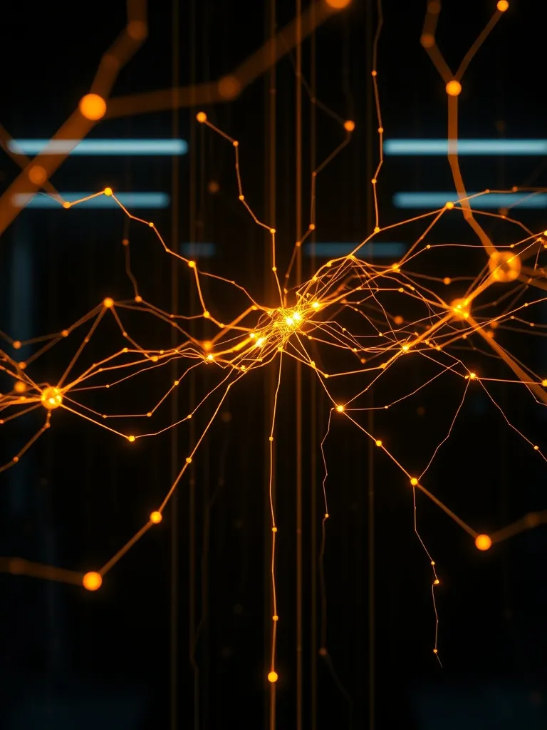 High-tech digital laboratory with glowing golden neural netw