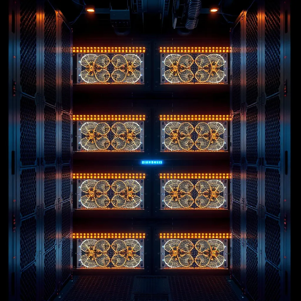A high-tech server rack in a dark room with golden LED light